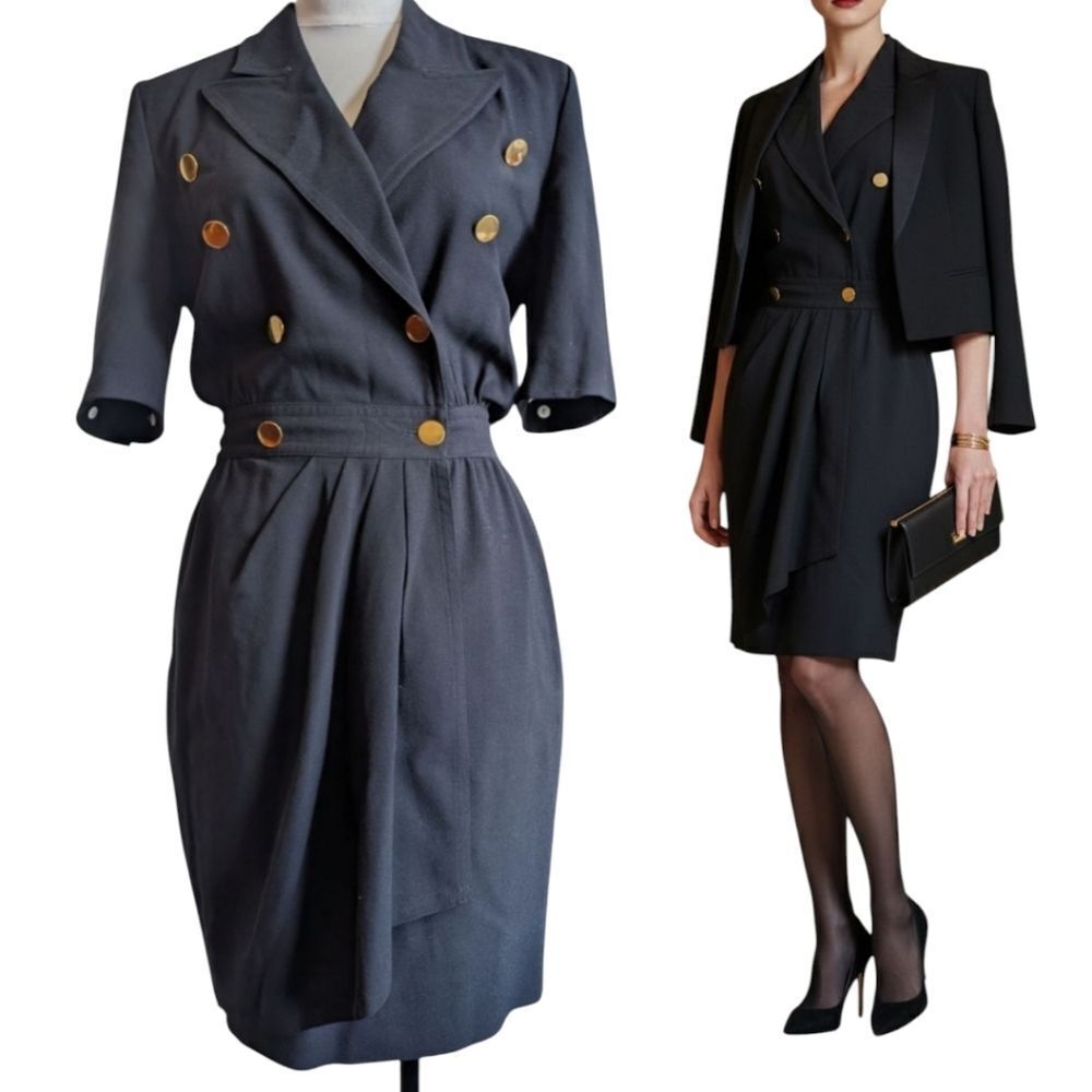 Escada Navy  💯 Virgin Wool Tailored Double Breast Wrap Effect Dress Small